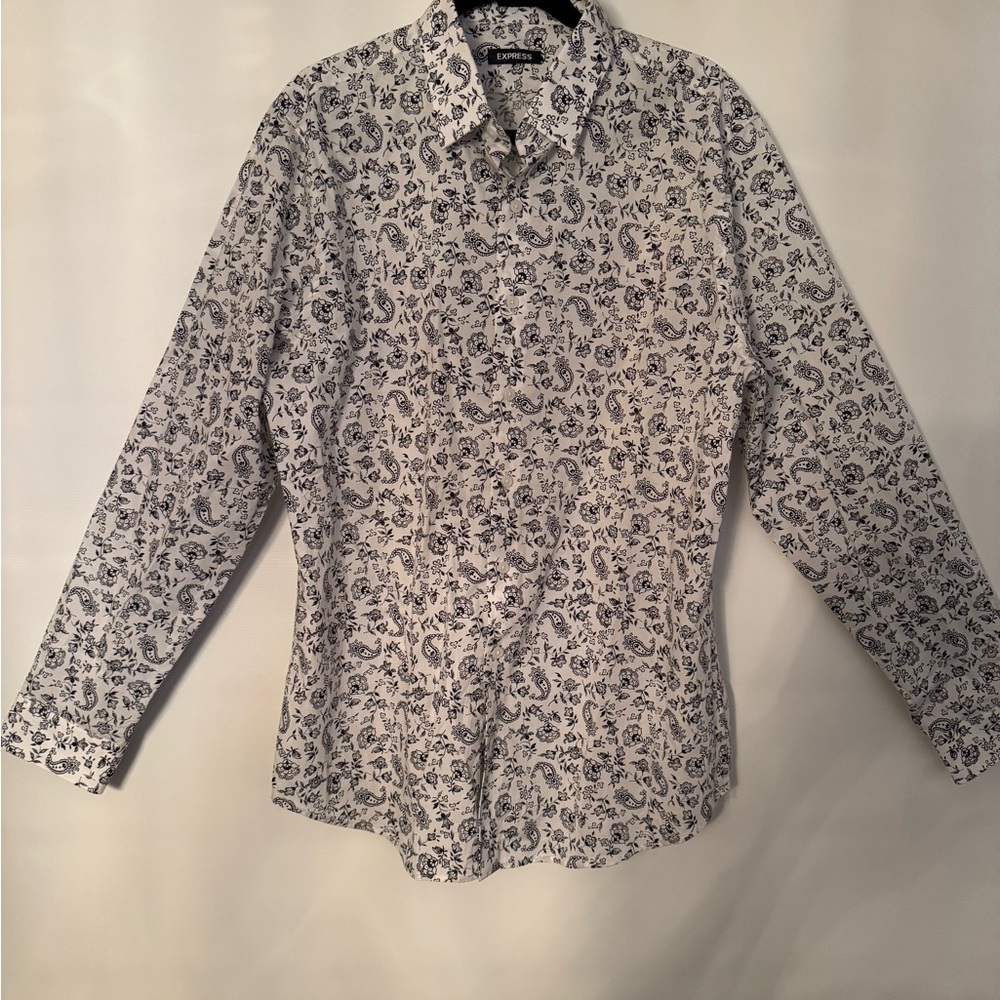 Express White and Black Floral Casual Button Down Shirt